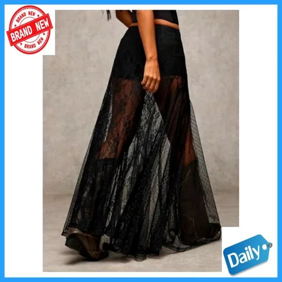 Lace Maxi Skirt A-Line Ruffle Boho Sheer Casual Long Skirt - Picture 2 of 6